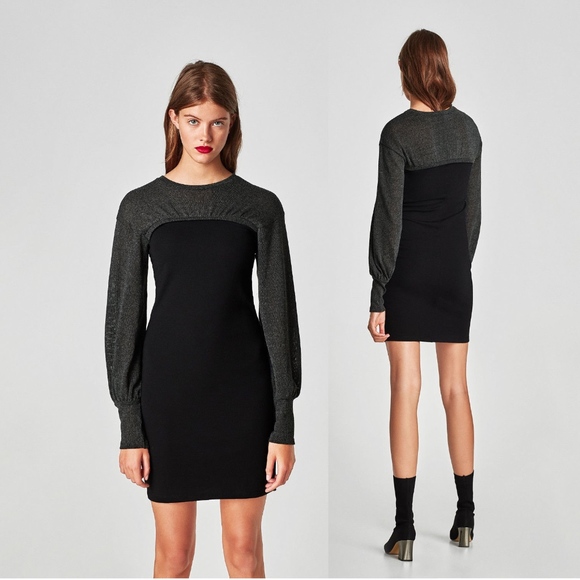 ZARA CONTRASTING FABRIC LONG SLEEVE DRESS - Picture 1 of 8